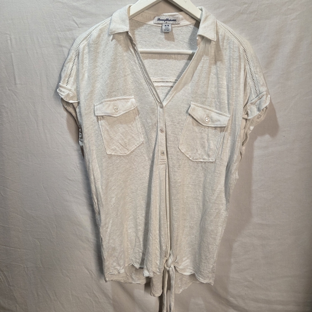 Tommy Bahama White Linen Collared Tee Tie Front Cap Sleeve Front Pocket Medium